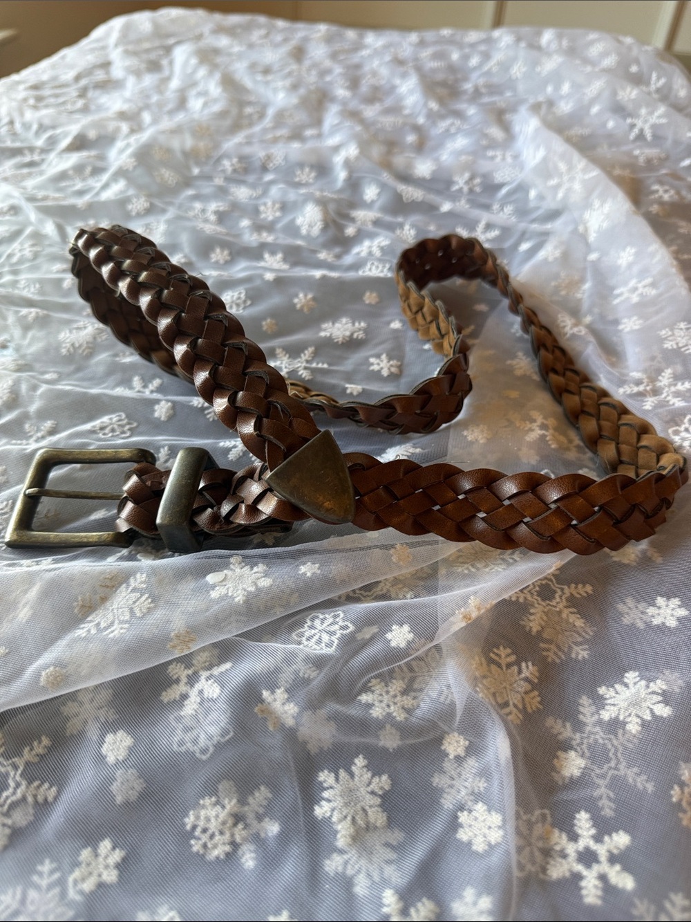Brown Braided Woven Leather Belt Antique Brass Square Buckle Boho Vintage
